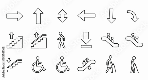 Collection of pictograms depicting movement, accessibility, and direction