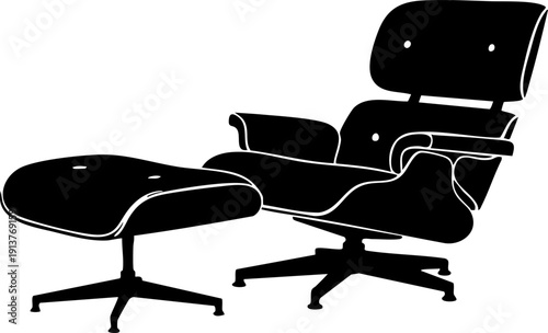 Designer Lounge Chair Silhouette Mid Century Modern Armchair and Ottoman Furniture Design Minimalist Flat Vector Icon