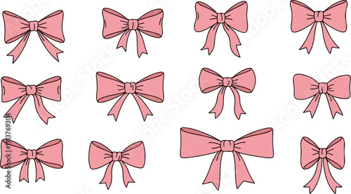 Collection of twelve pastel pink ribbon bow illustrations arranged in three rows