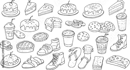Hand-drawn outline vector of desserts and footwear. Cakes, pies, cookies, drinks, sandals, sneakers, and boots in a black and white doodle style, perfect for coloring.