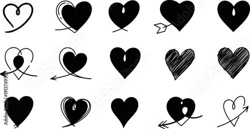 Collection of various black heart shapes and designs