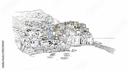 Colorful buildings cling to steep cliffs above a rocky shore with boats