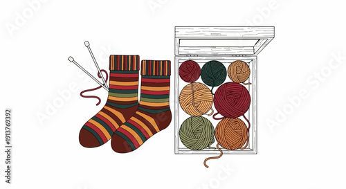 Colorful striped socks rest beside a box filled with yarn balls and needles