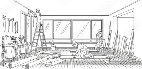 Construction workers installing flooring in a room with large windows