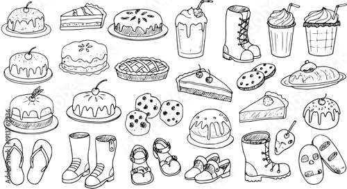 Whimsical Dessert  Shoe Doodle Pattern: Cakes, Pies, Boots, Sandals, and More in Black and White