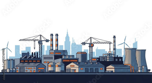 Industrial factory complex with cranes and wind turbines.