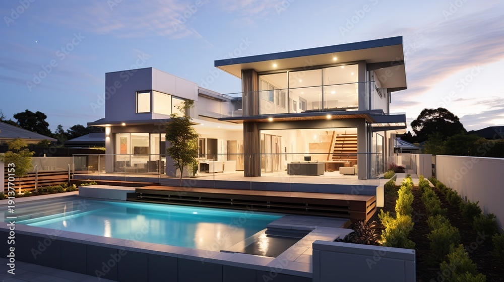 Fototapeta premium Luxurious contemporary two-story glass-walled residence overlooking a lit rectangular pool at dusk