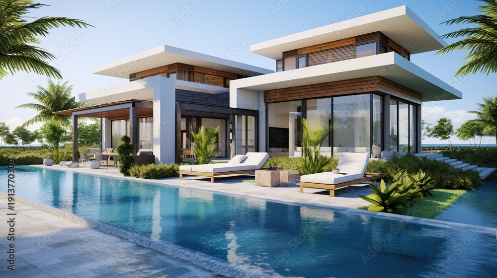 Fototapeta premium Luxurious contemporary waterfront villa with glass walls, pool, and palm-lined tropical scenery