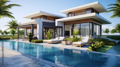 Wallpaper Mural Luxurious contemporary waterfront villa with glass walls, pool, and palm-lined tropical scenery Torontodigital.ca