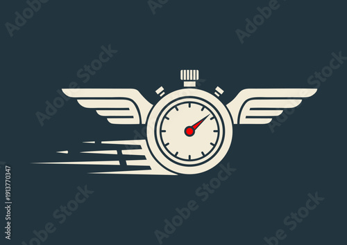 Winged stopwatch speed logo illustration symbolizing fast time management and productivity. Modern flat design ideal for business branding, delivery services, apps, and marketing visuals.