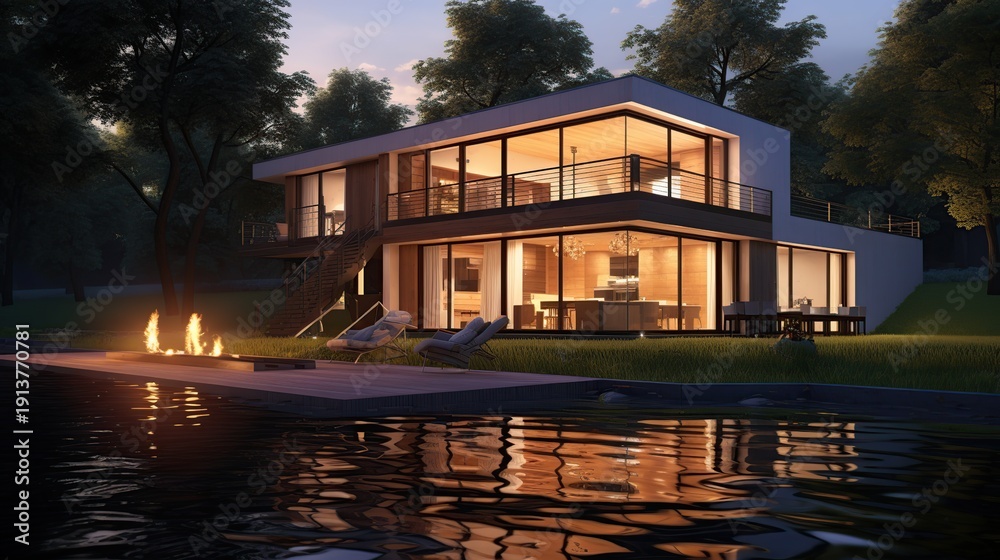 Fototapeta premium Luxurious Modern Glass-Walled Lakeside Waterfront Home at Night with Fire Pit