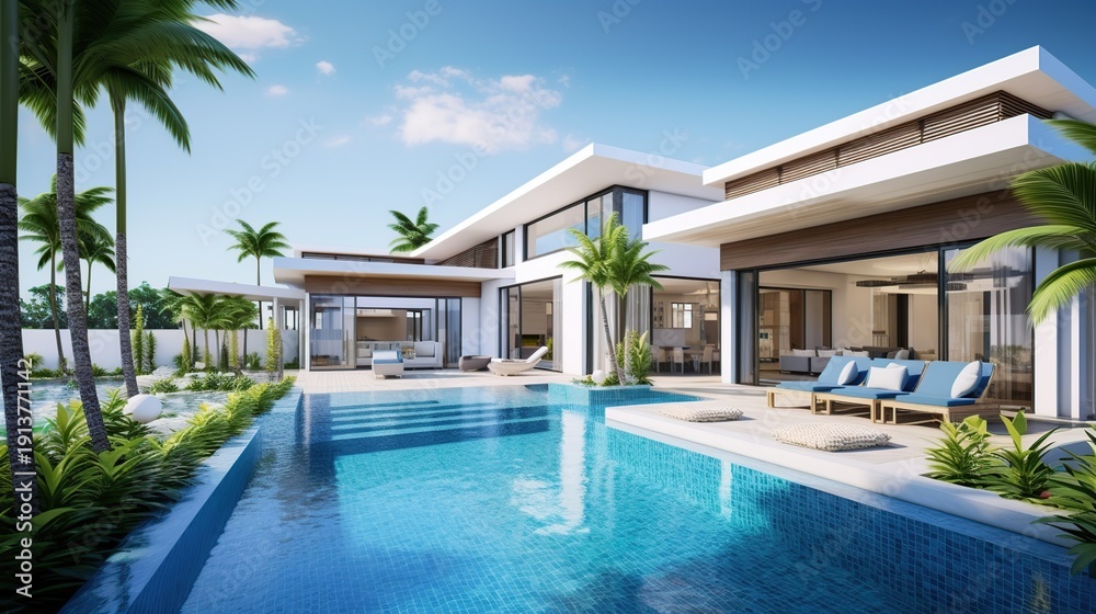 Fototapeta premium Luxurious tropical resort villa with expansive pool, palm trees, and modern architecture