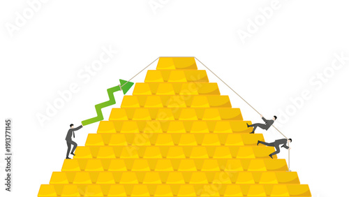 Business teamwork pulling green growth arrow up on gold bar pyramid for long term investment success