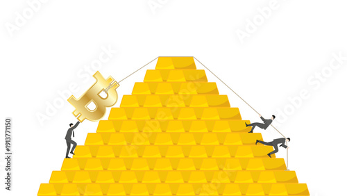 Business teamwork pulling giant golden Bitcoin symbol over gold bar stack. Concept of cryptocurrency investment, digital asset diversification, and BTC vs gold market volatility