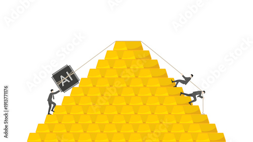 Business teamwork pulling AI microchip over gold bar pyramid. Concept of artificial intelligence technology in financial trading and gold market investment