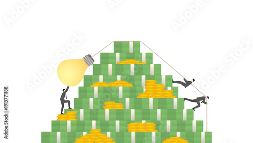 Business teamwork pulling giant lightbulb over massive stack of banknotes and coins. Concept of creative financial strategy, money-making ideas, and wealth management