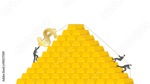 Business teamwork pulling giant golden dollar sign over gold bar stack. Concept of currency exchange, hedging against inflation, and investing in gold during market volatility