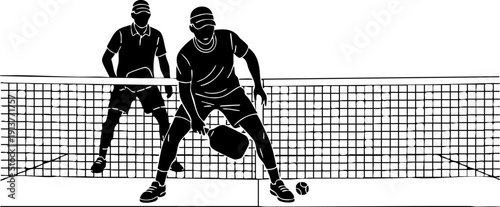 Pickleball Match Silhouette Two Players at Net Action Shot with Paddle and Ball Minimalist Flat Vector Icon