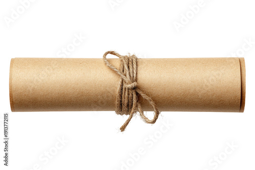 Rolled parchment tied with twine, isolated on black background, showcasing aged paper texture