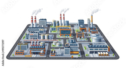 Industrial factory complex with multiple buildings and smokestacks emitting smoke.