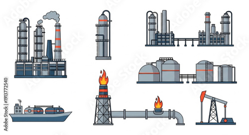 Industrial factory complex with oil rig and tanker ship.