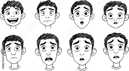 Cartoon boy's face expressions showing a progression of emotions from happy to sad, surprised, anxious, scared, and fearful.