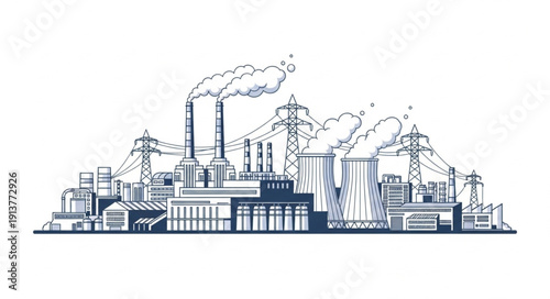 Industrial factory complex with smoke stacks and power lines.