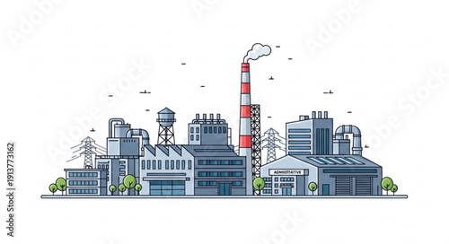 Industrial factory complex with smokestack emitting smoke.
