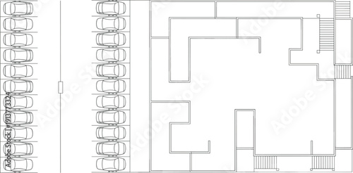 Architectural floor plan with parking layout, rows of parked cars, building footprint, stair access, parking bays, driveway, site plan, blueprint for urban planning