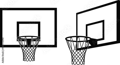 Basketball hoop and backboard vector illustration, front and angled views, detailed rim and net, sports equipment icon, basketball court accessory, athletic gear