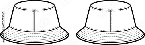 Bucket hat outline vector set with front and back views, stitched details, fashion headwear illustration for apparel design