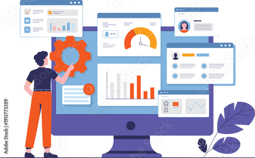 Business analytics dashboard illustration with performance charts, KPI gauges and settings gear, modern data visualization interface for management, reporting and workflow optimization