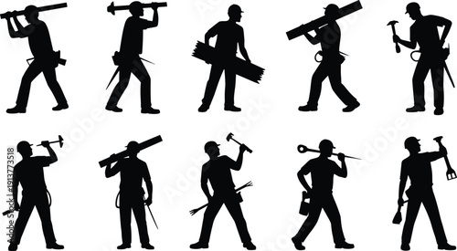 Construction worker silhouettes carrying tools and materials, laborers in different poses, industrial workforce vector illustration set