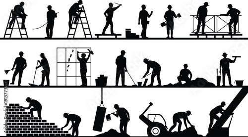  Construction workers silhouettes performing building tasks on scaffolding, ladder, tools, teamwork, renovation, industrial labor vector illustration