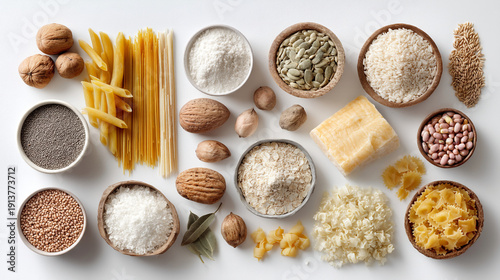 An assortment of grains nuts and seeds arranged on a white surface