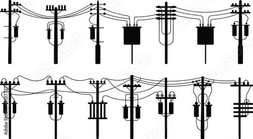 Electric utility pole silhouettes with transformers and overhead power lines, vector illustration set for energy distribution infrastructure design