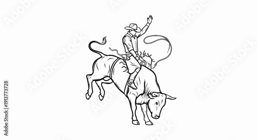 Cowboy on bucking bull, whip raised, dynamic pose, western art