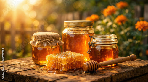 Sunlit jars of golden honey and a fresh honeycomb rest on a rustic wooden table with a wooden dipper, evoking warm, natural, artisanal farm flavors and a cozy garden morning.