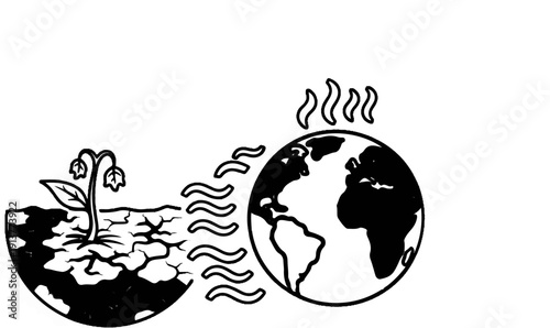 Cracked dry earth with wilting plant contrasted with a hot, steaming planet