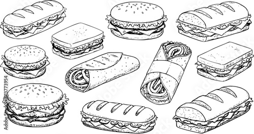 Collection of Fast Food Sketches: Hand-Drawn Burgers, Sandwiches, and Wraps in Black and White Line Art Style, Perfect for Doodle or Coloring Book Designs