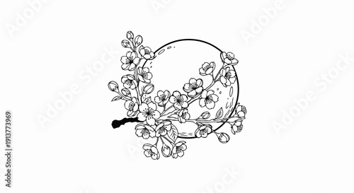 Delicate cherry blossoms unfurl around a circular frame