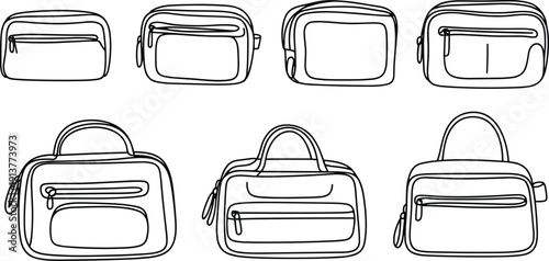 Handbag and pouch collection, line art vector set, toiletry bags, cosmetic cases, top-handle travel pouches, zipper pockets, minimal outline icons, editable stroke