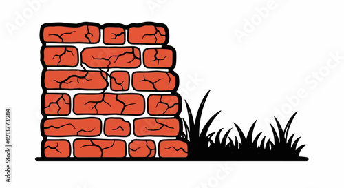 Cracked red brick wall segment with dark grass silhouette