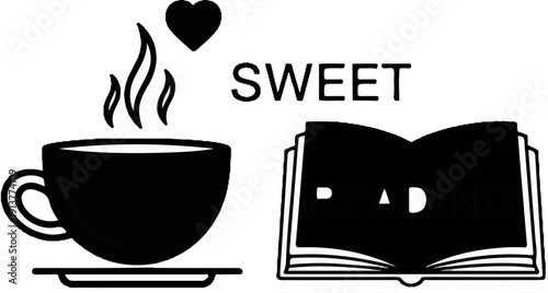 Cup of steaming coffee with a heart and an open book displaying text