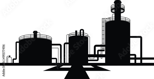 Industrial factory refinery silhouette illustration, oil and gas processing plant with storage tanks and pipes, black and white vector