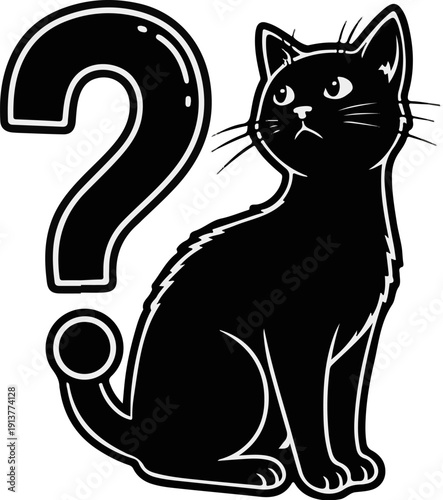 Curious black cat sits beside a large question mark