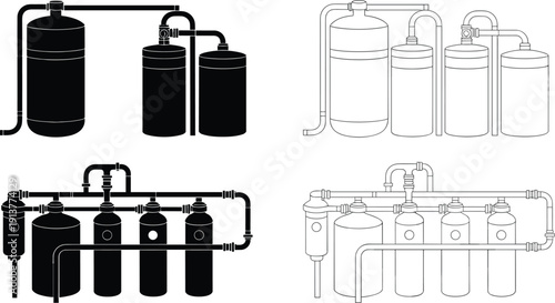Industrial filtration and storage tank system with connected pipelines, chemical processing equipment vector illustration for factory infrastructure design