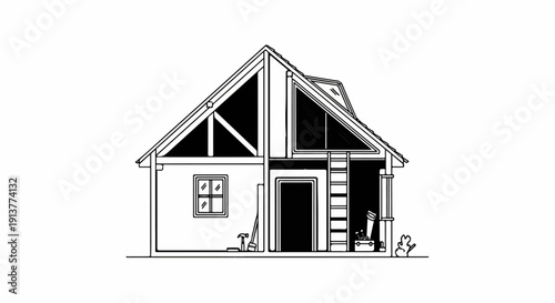 Cutaway view of a house showing interior details, tools, and a small creature