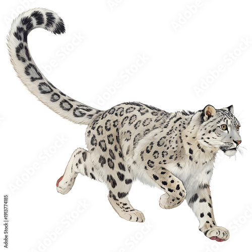 A snow leopard walks against a black background with its tail raised