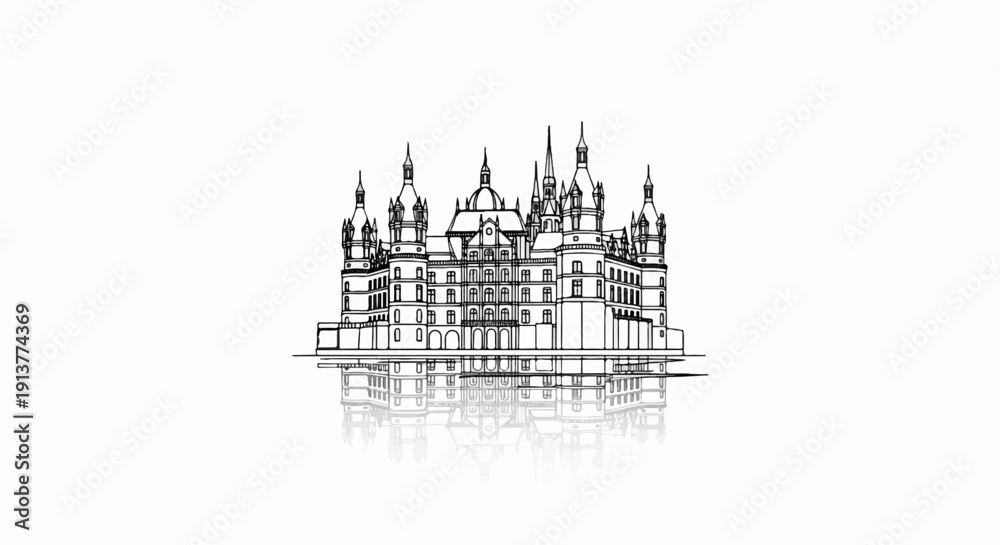 Naklejka premium Detailed architectural sketch of a grand, multi-towered castle with a dome and reflected image